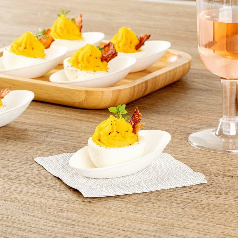 Restaurantware Pulp Safe No PFAS Added 3.2 x 2.1 Inch Tasting Dishes 100 Disposable Dishes - Home Compostable Microwavable And Freezable White Bagasse Food Dishes Egg Shape For Appetizers