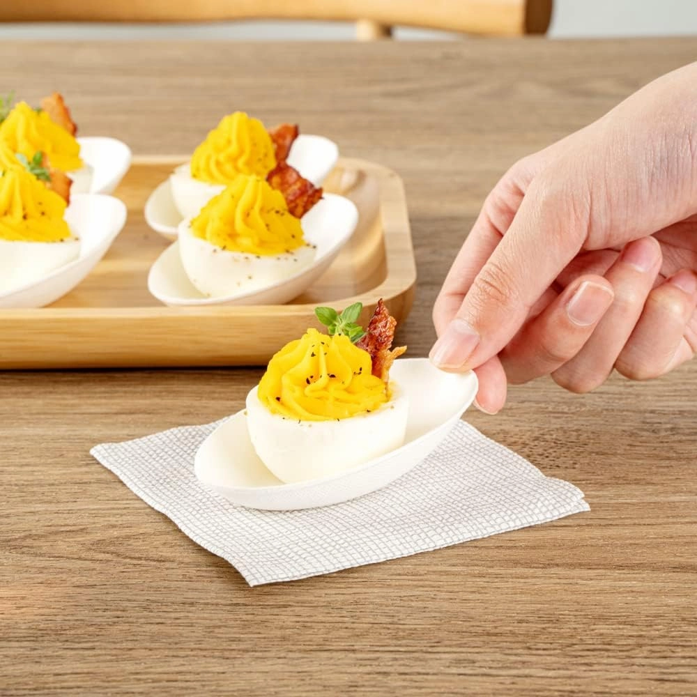 Restaurantware Pulp Safe No PFAS Added 3.2 x 2.1 Inch Tasting Dishes 100 Disposable Dishes - Home Compostable Microwavable And Freezable White Bagasse Food Dishes Egg Shape For Appetizers