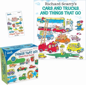 Richard Scarry's Cars and Trucks and Things That Go Hardcover, Seek and Find Vehicle Floor Puzzle, Busytown Busyworld Alphabet Matching Game and Gift Book Bag (an Educational, Hands-On Gift Set)