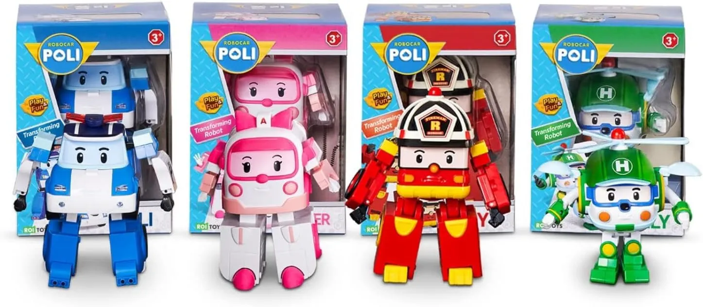 Robocar Poli 4" Transforming Robot - 4pcs Bundle (Poli, Roy, Amber, Helly) – Emergency Vehicle Action Figures | Rescue Team Playset Gift for Boys & Girls Ages 1–5