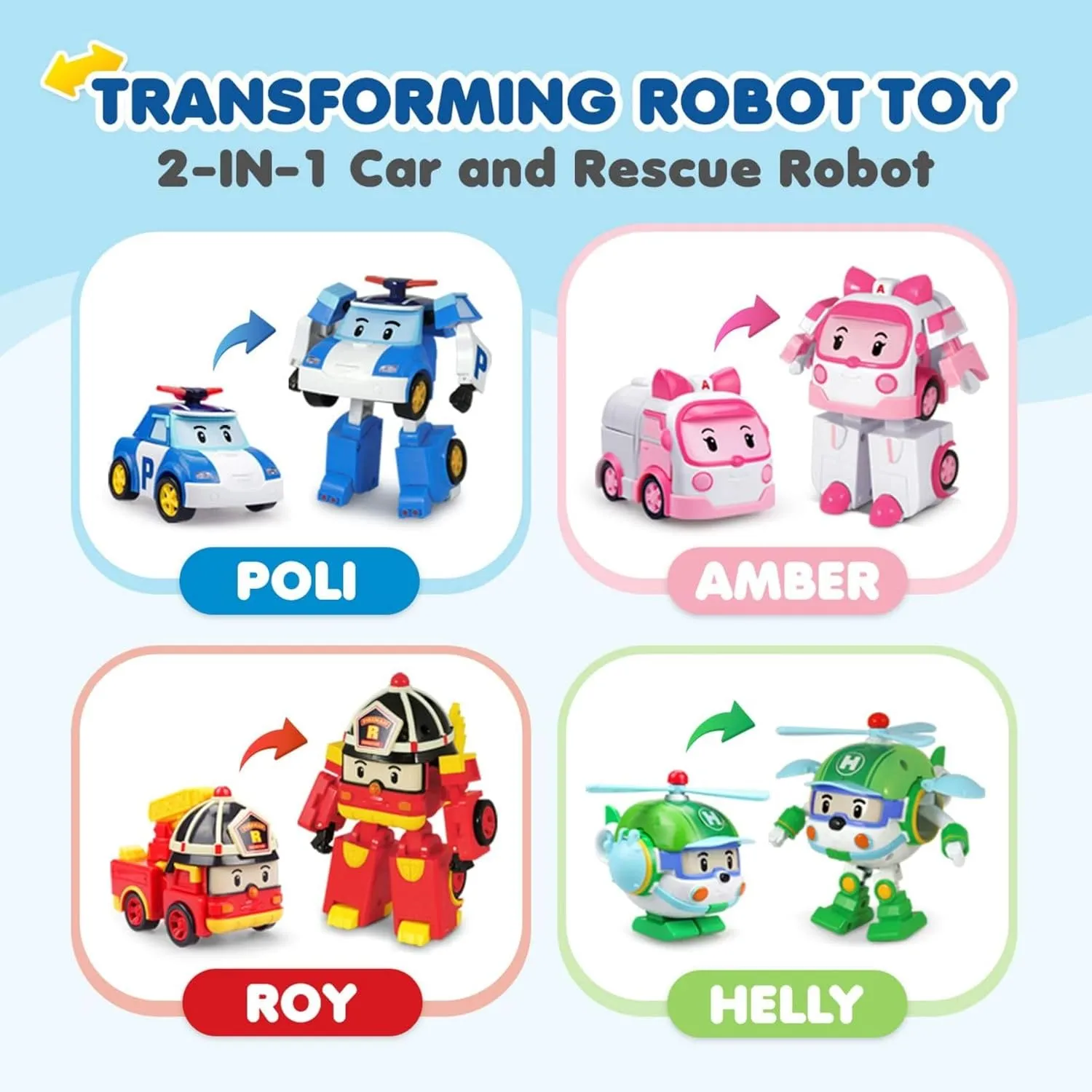 Robocar Poli 4" Transforming Robot - 4pcs Bundle (Poli, Roy, Amber, Helly) – Emergency Vehicle Action Figures | Rescue Team Playset Gift for Boys & Girls Ages 1–5