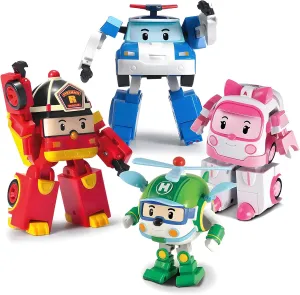Robocar Poli 4" Transforming Robot - 4pcs Bundle (Poli, Roy, Amber, Helly) – Emergency Vehicle Action Figures | Rescue Team Playset Gift for Boys & Girls Ages 1–5