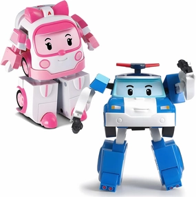 Robocar Poli 4" Transforming Robot - 2pcs Bundle (Poli, Amber) - Emergency Vehicle Action Figures | Rescue Car Playset Gift for Boys & Girls Ages 1–5