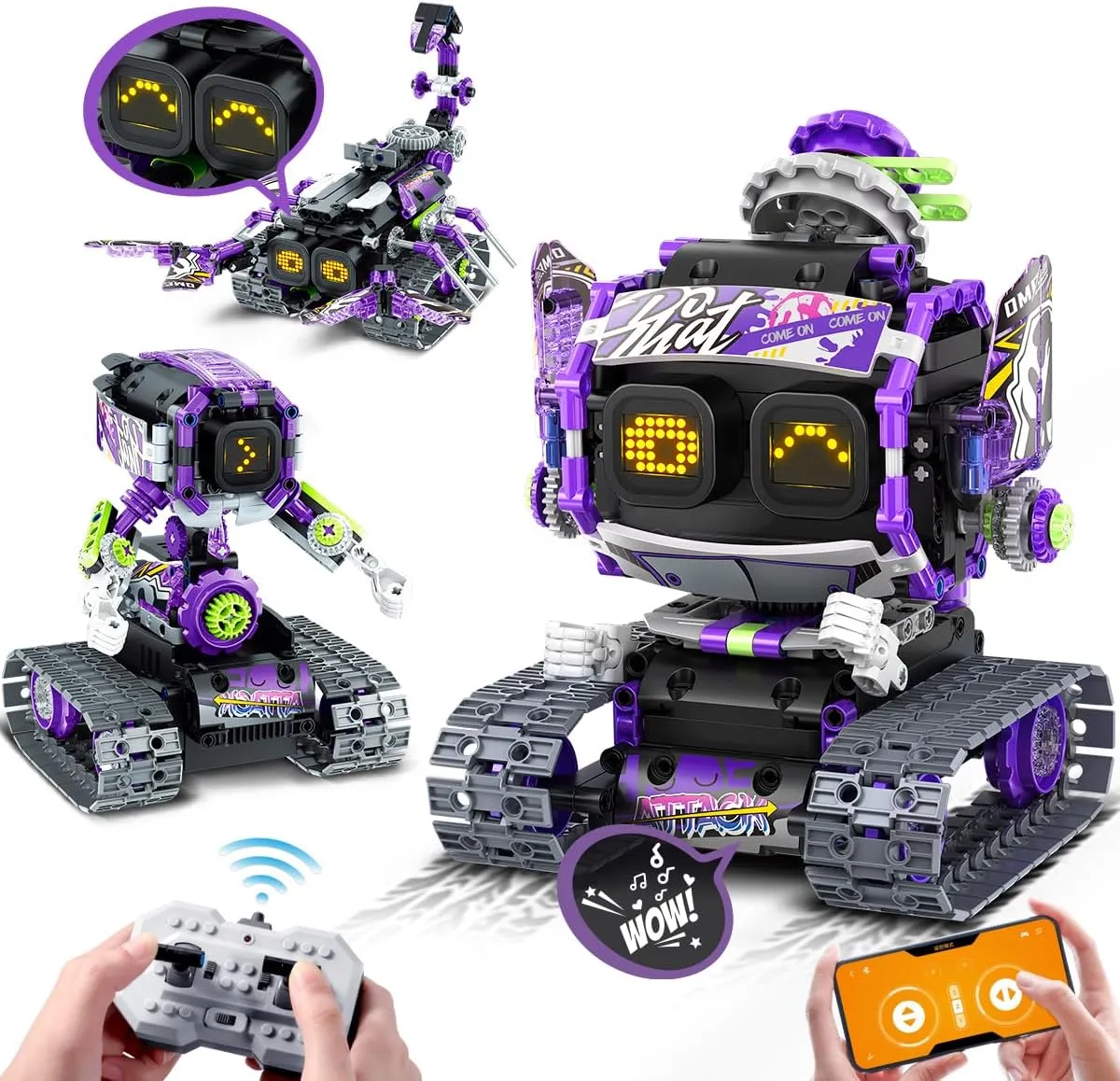 Robot Building Toy with LED Eyes & Sound, App Remote Controlled STEM Rechargeable Robotics Building Set 458 PCS, 3 in 1 RC Tech Building Block Kit Gift for Kids Boys Girls 6 7 8 9 10 11 12 