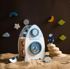 Rocket Ship Toy, Kids' Pretend Play Set with Astronaut Figure, Rocks, and Celestial Shapes, Plastic, Blue and Tan