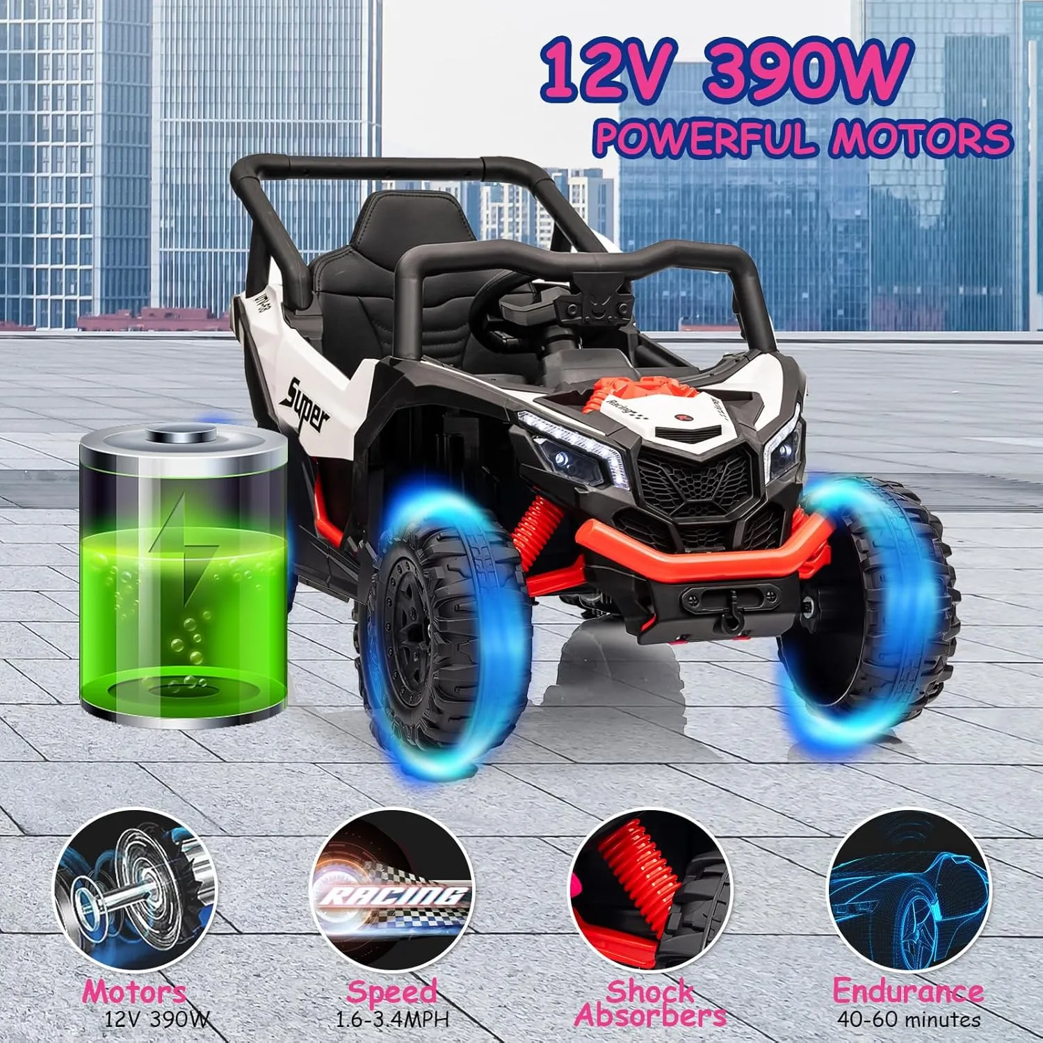 Run Fast 12v Ride on Toys for Big Kids 4-8.Battery Powered Electric car for Kids' with Remote Control,Large Seat with Safety Belt,Horn, Music,4 Wheels Suspension,LED Lights,Gift for Boy & Girl-White