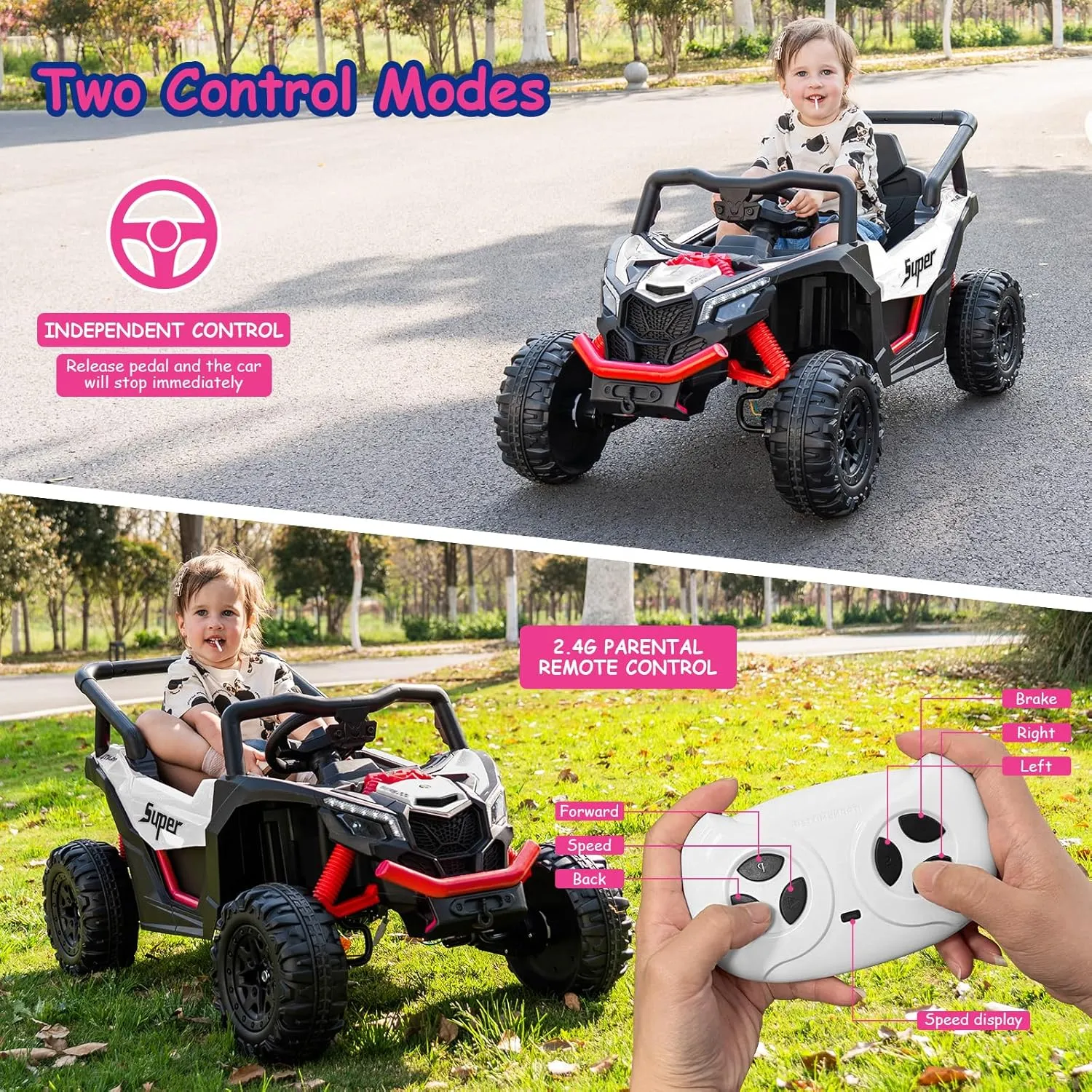 Run Fast 12v Ride on Toys for Big Kids 4-8.Battery Powered Electric car for Kids' with Remote Control,Large Seat with Safety Belt,Horn, Music,4 Wheels Suspension,LED Lights,Gift for Boy & Girl-White