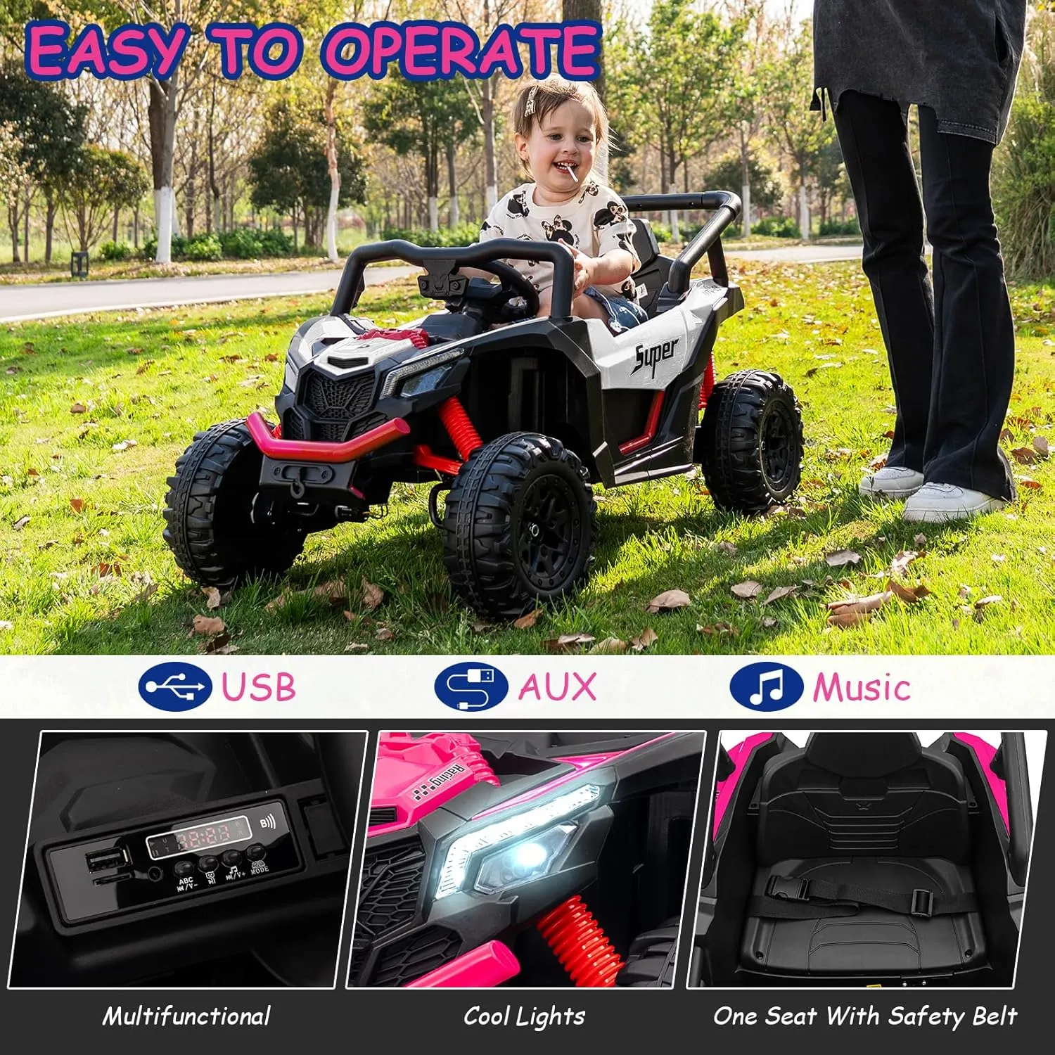Run Fast 12v Ride on Toys for Big Kids 4-8.Battery Powered Electric car for Kids' with Remote Control,Large Seat with Safety Belt,Horn, Music,4 Wheels Suspension,LED Lights,Gift for Boy & Girl-White