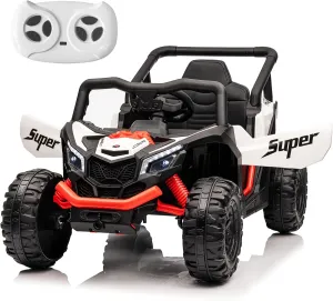 Run Fast 12v Ride on Toys for Big Kids 4-8.Battery Powered Electric car for Kids' with Remote Control,Large Seat with Safety Belt,Horn, Music,4 Wheels Suspension,LED Lights,Gift for Boy & Girl-White