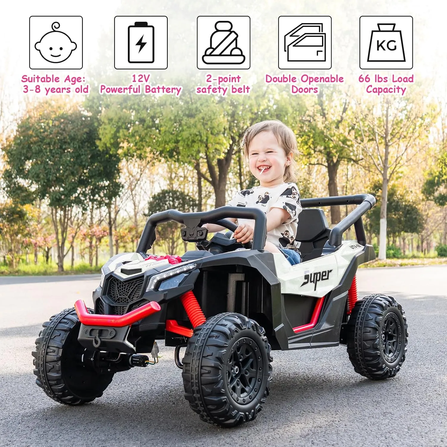 Run Fast 12v Ride on Toys for Big Kids 4-8.Battery Powered Electric car for Kids' with Remote Control,Large Seat with Safety Belt,Horn, Music,4 Wheels Suspension,LED Lights,Gift for Boy & Girl-White