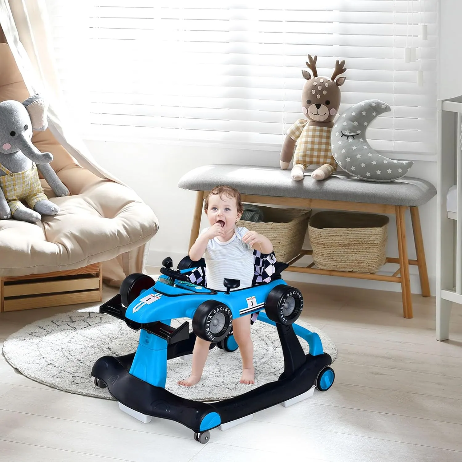 S AFSTAR 5-in-1 Baby Walker, Foldable Activity Car Walker with Adjustable Height Seat and Speed, Noiseless Smooth Wheels, Music & Light, Anti-Rollover, for Boys Girls 6-18 Months