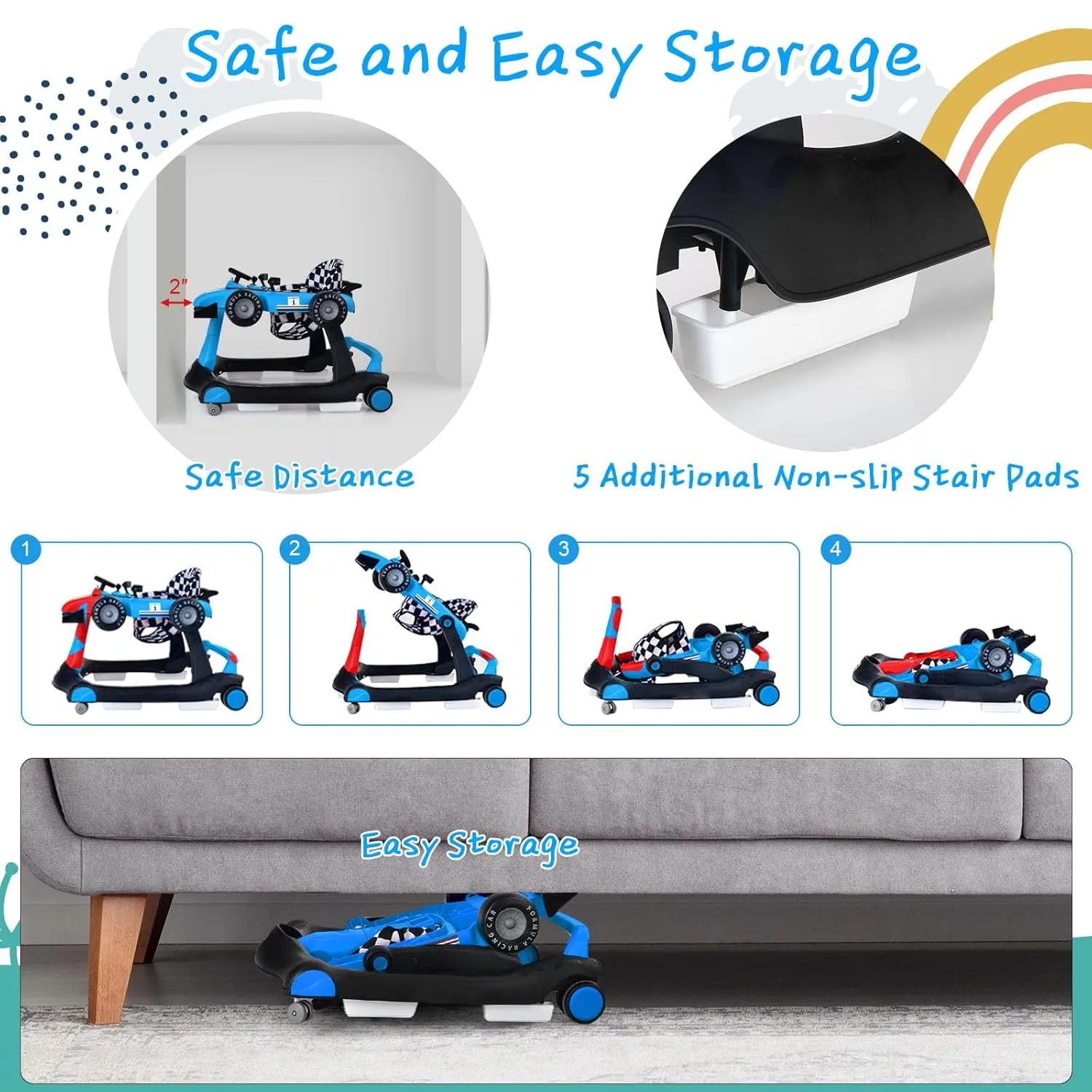 S AFSTAR 5-in-1 Baby Walker, Foldable Activity Car Walker with Adjustable Height Seat and Speed, Noiseless Smooth Wheels, Music & Light, Anti-Rollover, for Boys Girls 6-18 Months