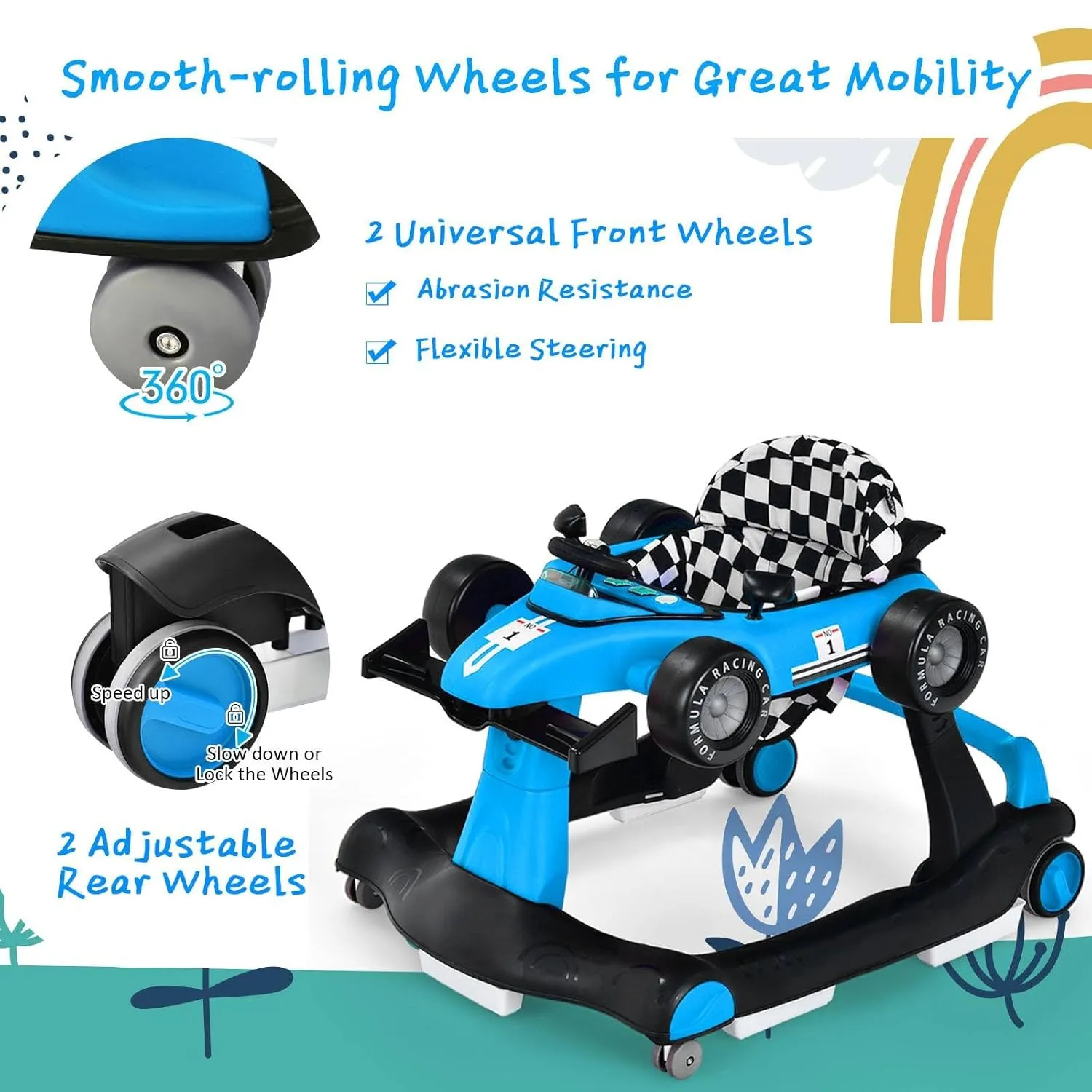 S AFSTAR 5-in-1 Baby Walker, Foldable Activity Car Walker with Adjustable Height Seat and Speed, Noiseless Smooth Wheels, Music & Light, Anti-Rollover, for Boys Girls 6-18 Months
