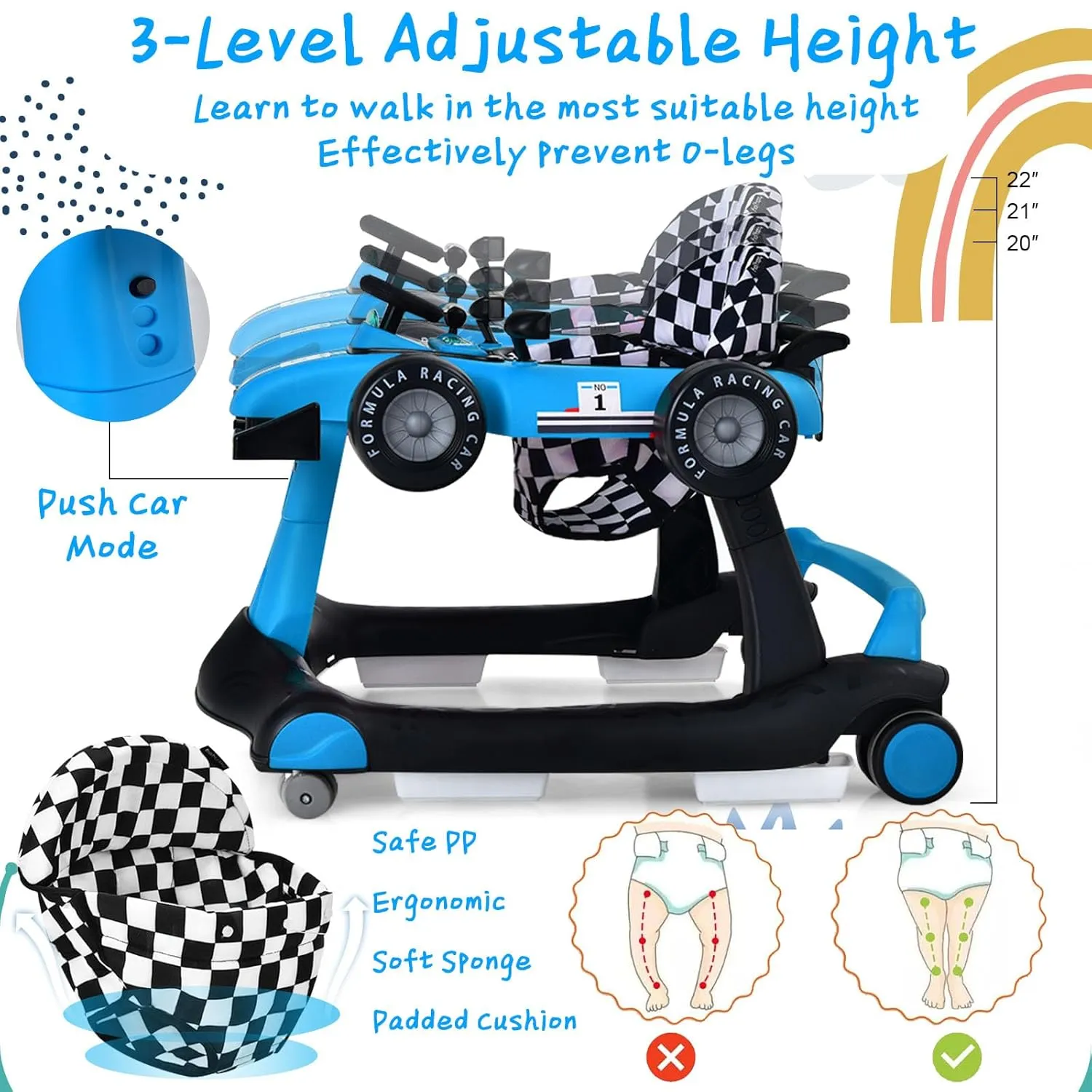 S AFSTAR 5-in-1 Baby Walker, Foldable Activity Car Walker with Adjustable Height Seat and Speed, Noiseless Smooth Wheels, Music & Light, Anti-Rollover, for Boys Girls 6-18 Months