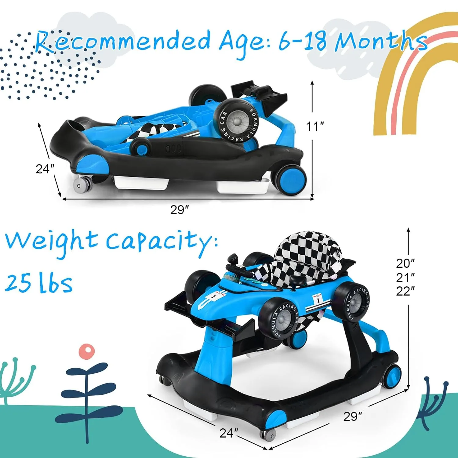 S AFSTAR 5-in-1 Baby Walker, Foldable Activity Car Walker with Adjustable Height Seat and Speed, Noiseless Smooth Wheels, Music & Light, Anti-Rollover, for Boys Girls 6-18 Months