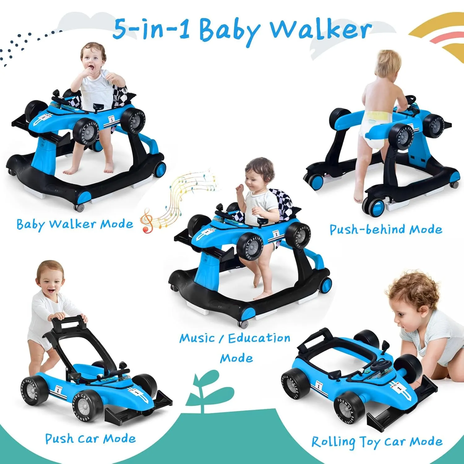 S AFSTAR 5-in-1 Baby Walker, Foldable Activity Car Walker with Adjustable Height Seat and Speed, Noiseless Smooth Wheels, Music & Light, Anti-Rollover, for Boys Girls 6-18 Months