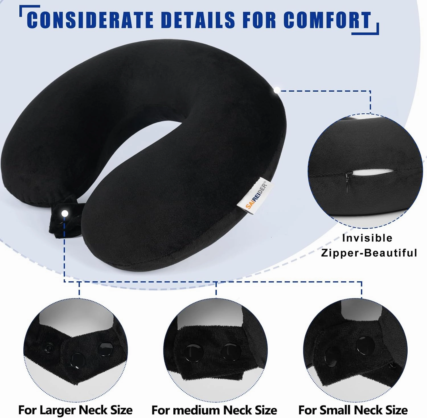 SAIREIDER Travel Pillow 100% Pure Memory Foam Travel Neck Pillow with Storage Bag, Airplane Pillow for Traveling、Car、Home、Office，Washable Cover（Black）