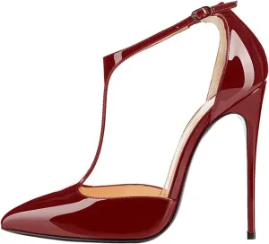SAMMITOP Women's Pointed Toe High Heel Pumps T-Strap Dress Shoes 12cm Stilettos Heels