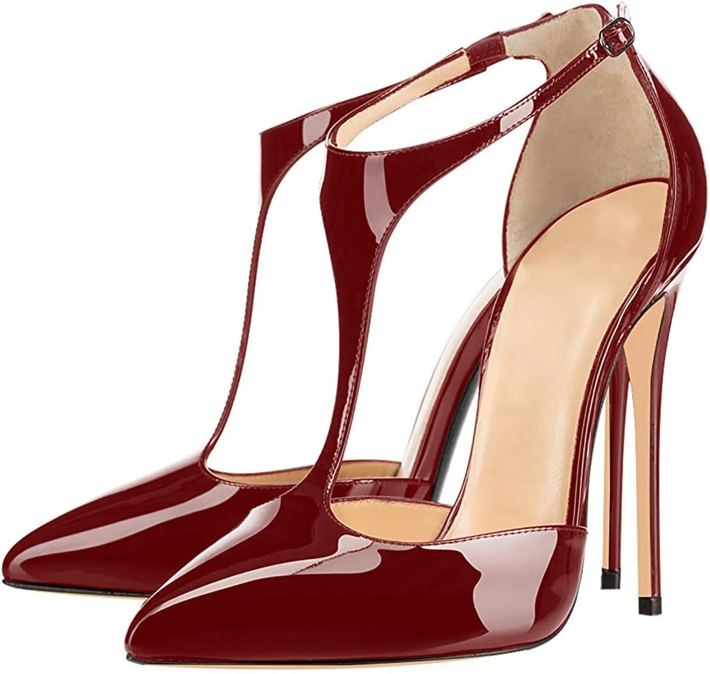 SAMMITOP Women's Pointed Toe High Heel Pumps T-Strap Dress Shoes 12cm Stilettos Heels