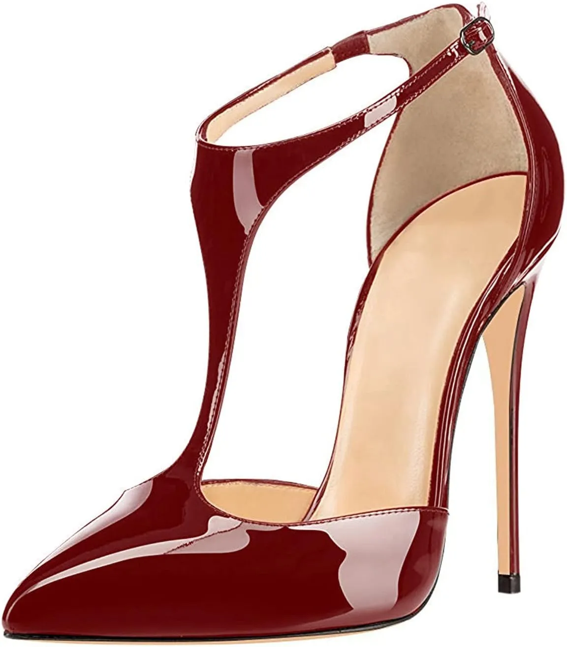 SAMMITOP Women's Pointed Toe High Heel Pumps T-Strap Dress Shoes 12cm Stilettos Heels
