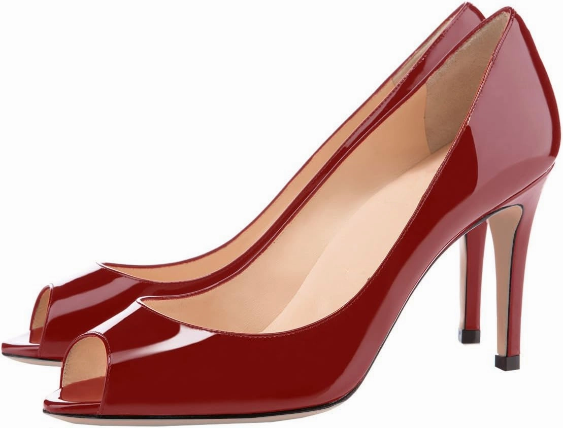 SAMMITOP Women's Peep Toe Pumps 80mm High Heel Shoes Slip On Patent Pumps Formal Shoes