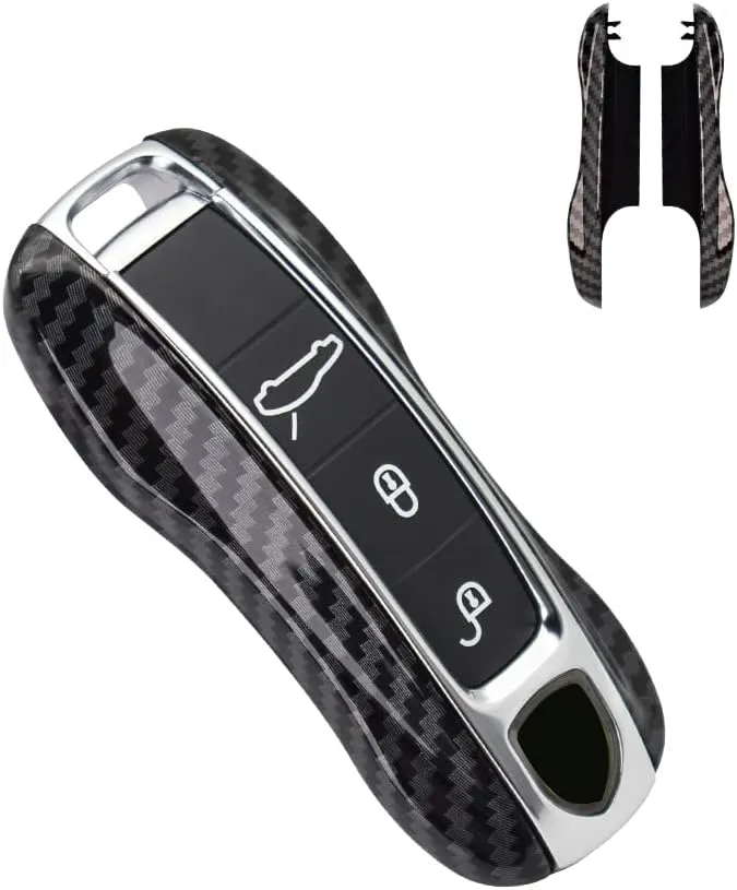 SANRILY Carbon Fiber Texture Key Fob Replacement Cover for Porsche Cayenne 911 Taycan Panamera 2020 Keyless Entry Remote Key Case ABS Plastic Key Protector Shell Black