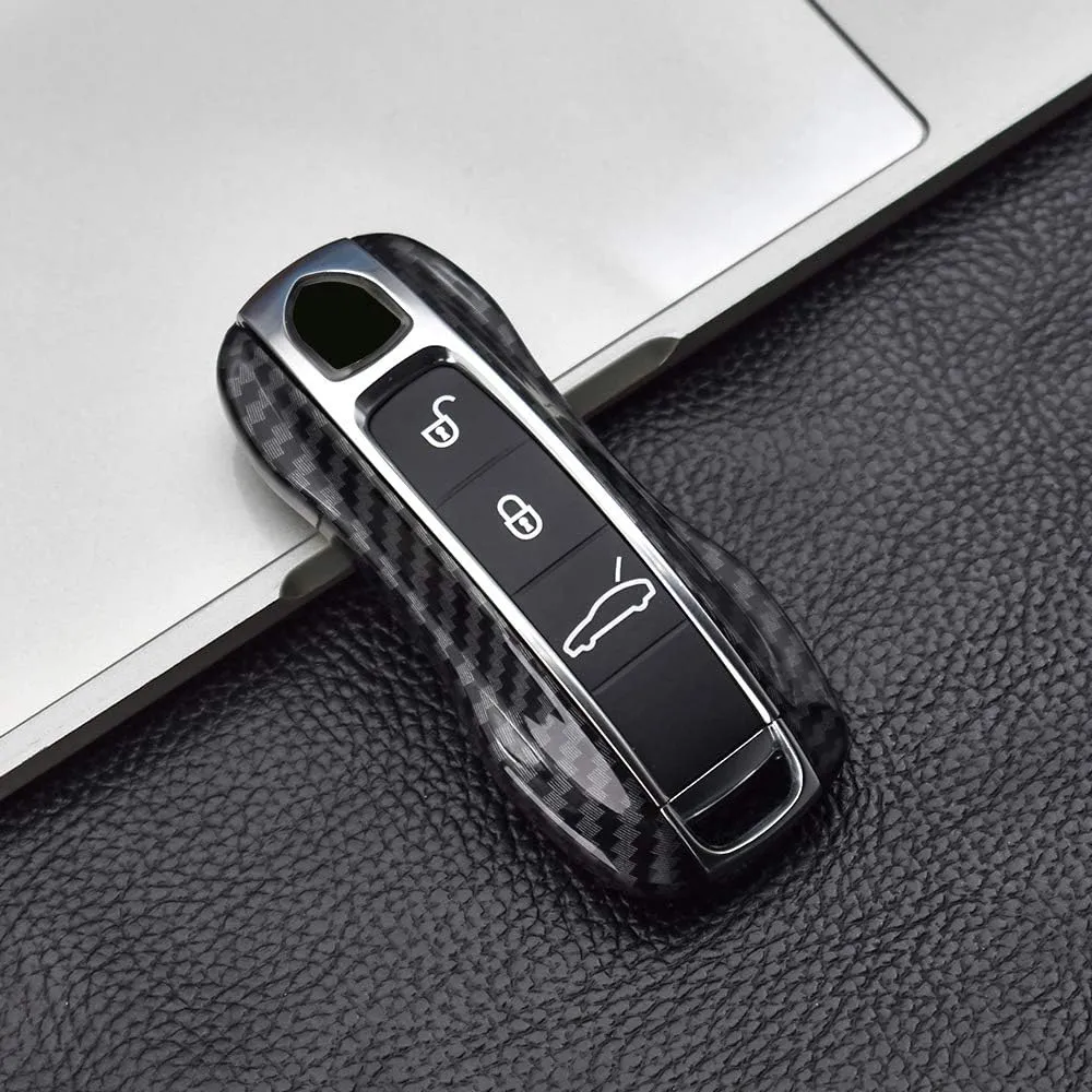 SANRILY Carbon Fiber Texture Key Fob Replacement Cover for Porsche Cayenne 911 Taycan Panamera 2020 Keyless Entry Remote Key Case ABS Plastic Key Protector Shell Black