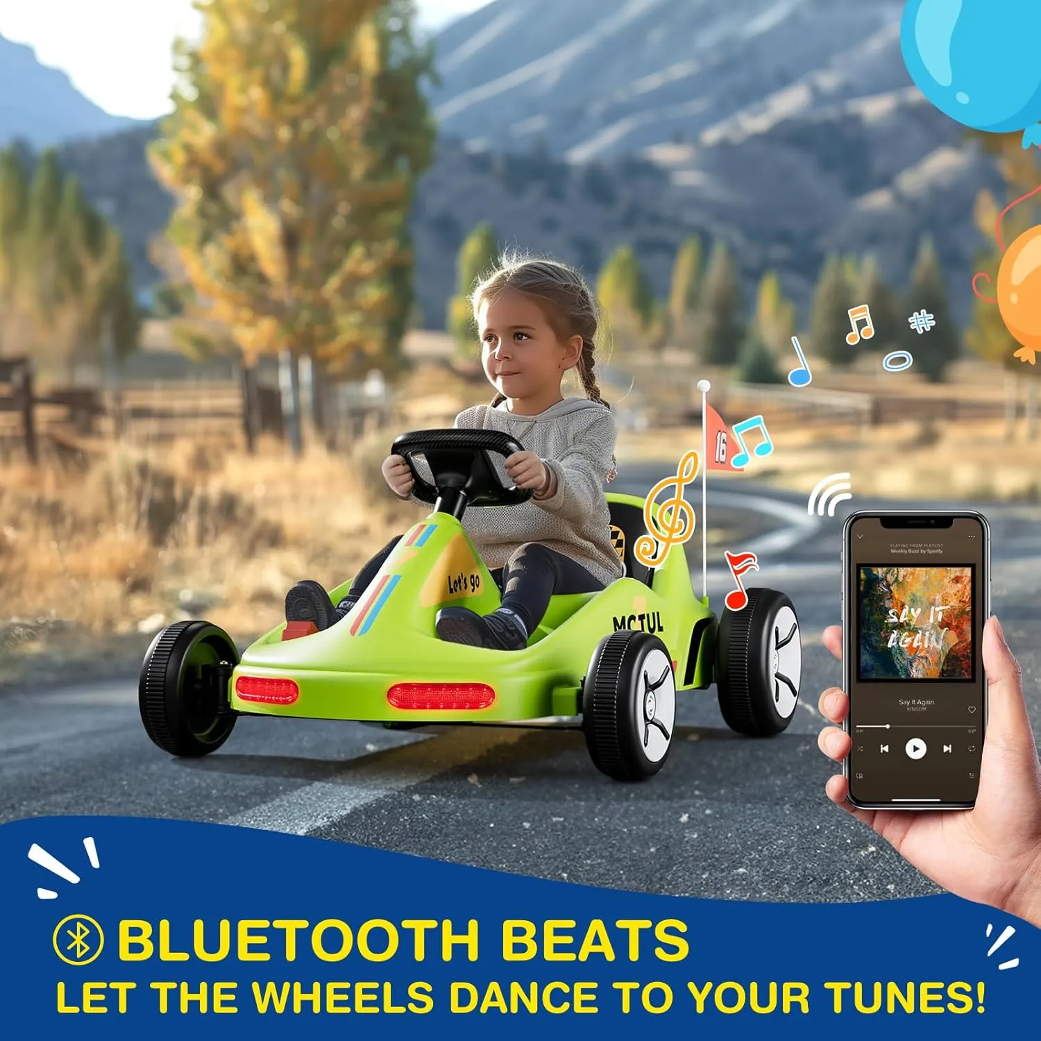SAT ONE Electric Go Kart, 12V Ride on Car, Quick Assembly, Flashing Taillight, Bluetooth Music, Remote Control, Storytelling, Portable & Fun Anytime, Anywhere, Ideal First Ride for Kids