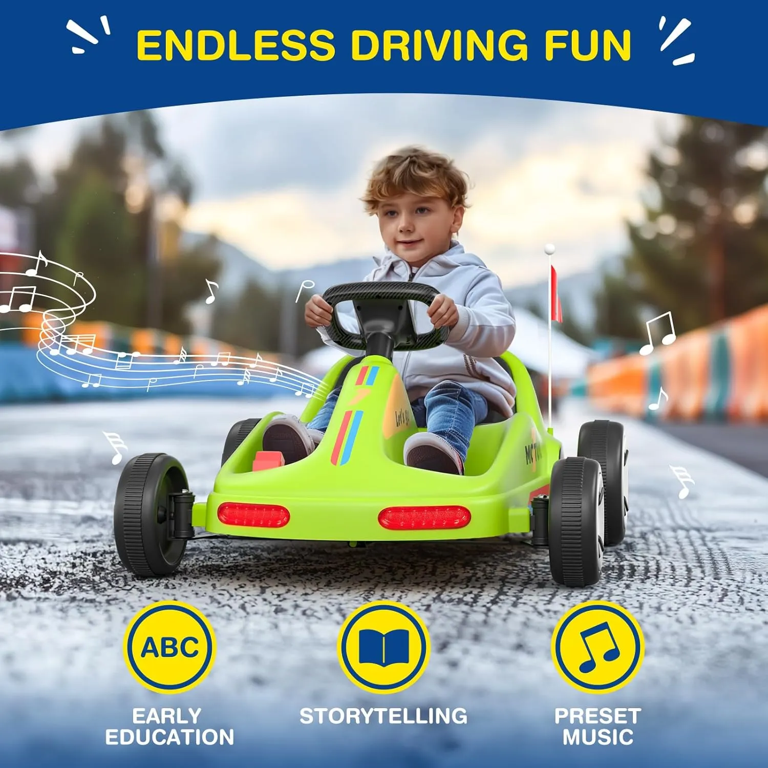 SAT ONE Electric Go Kart, 12V Ride on Car, Quick Assembly, Flashing Taillight, Bluetooth Music, Remote Control, Storytelling, Portable & Fun Anytime, Anywhere, Ideal First Ride for Kids