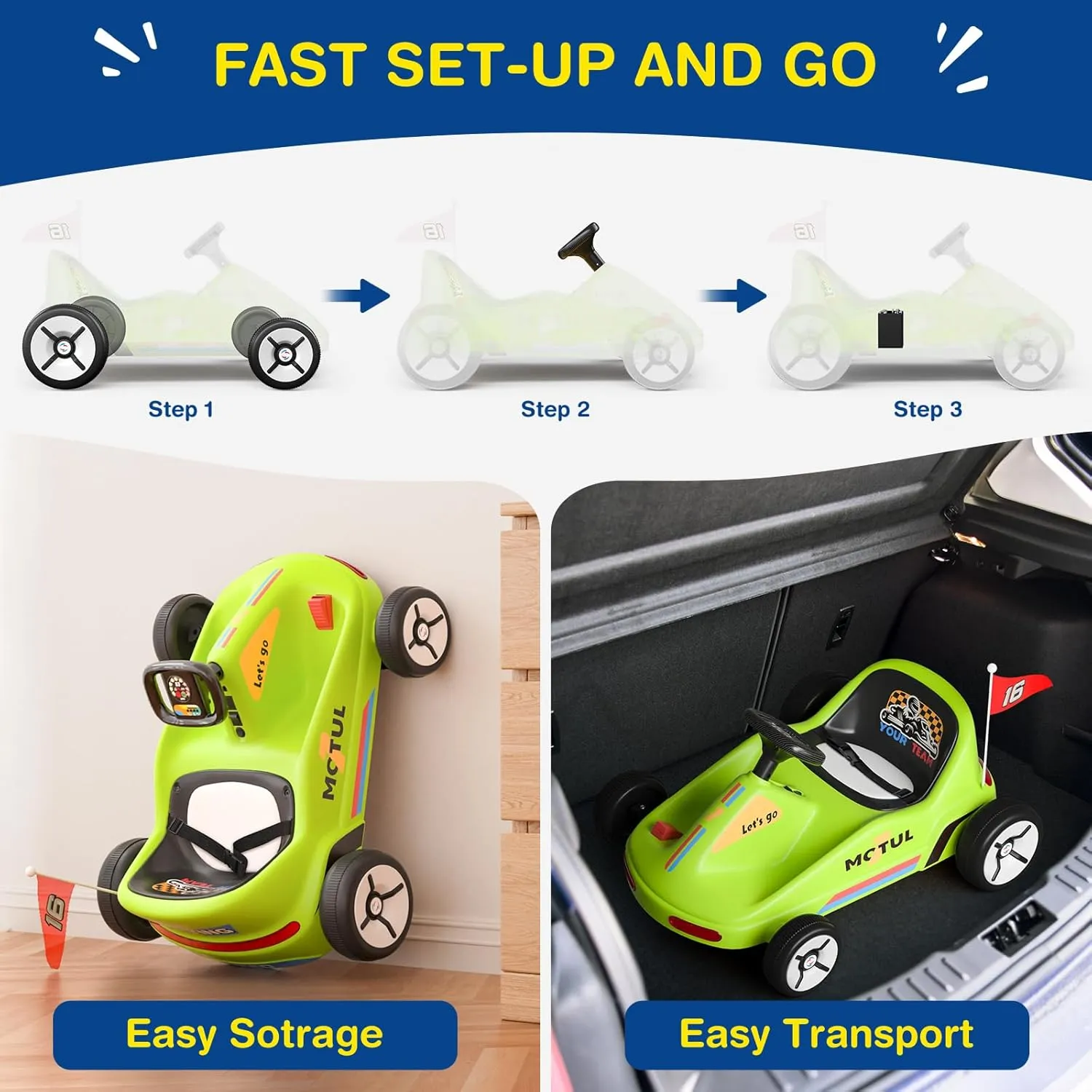 SAT ONE Electric Go Kart, 12V Ride on Car, Quick Assembly, Flashing Taillight, Bluetooth Music, Remote Control, Storytelling, Portable & Fun Anytime, Anywhere, Ideal First Ride for Kids