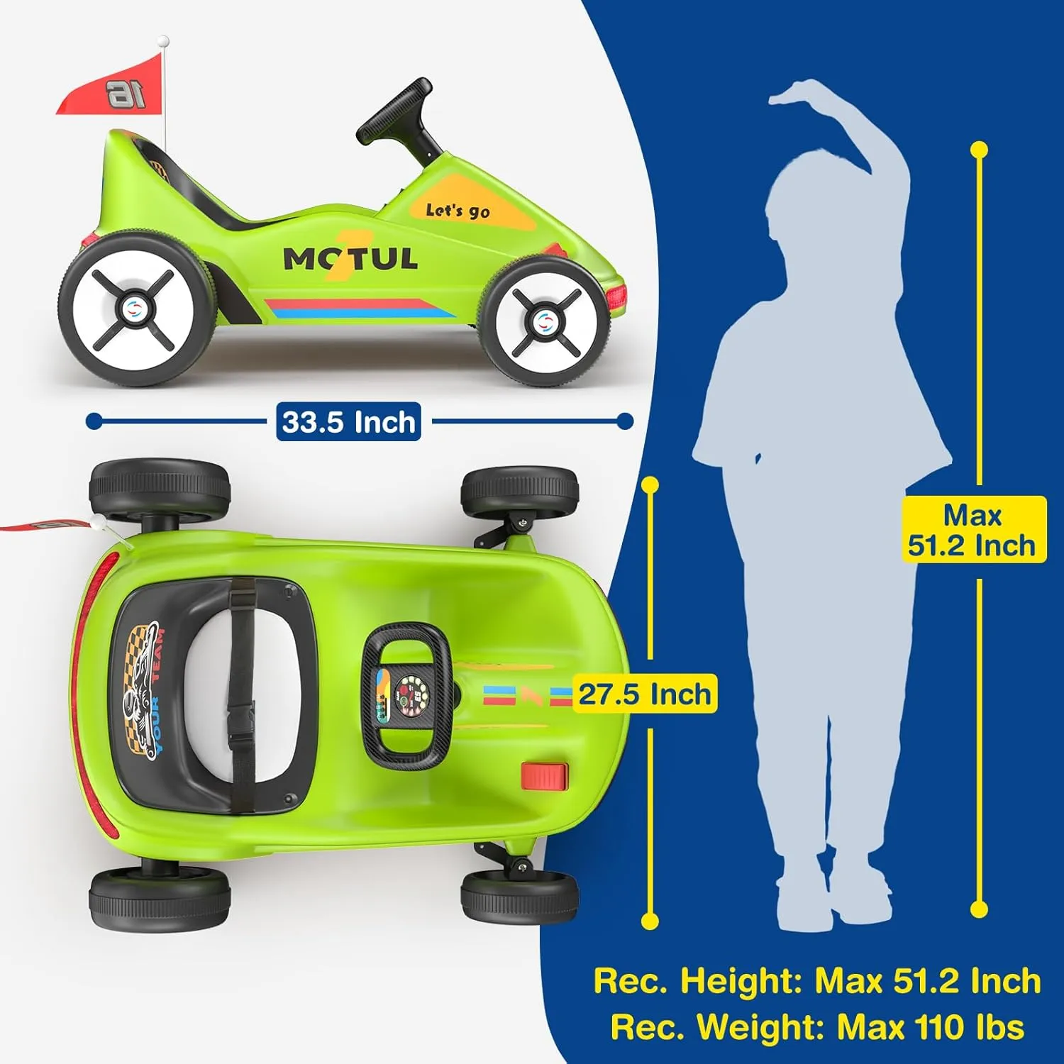 SAT ONE Electric Go Kart, 12V Ride on Car, Quick Assembly, Flashing Taillight, Bluetooth Music, Remote Control, Storytelling, Portable & Fun Anytime, Anywhere, Ideal First Ride for Kids
