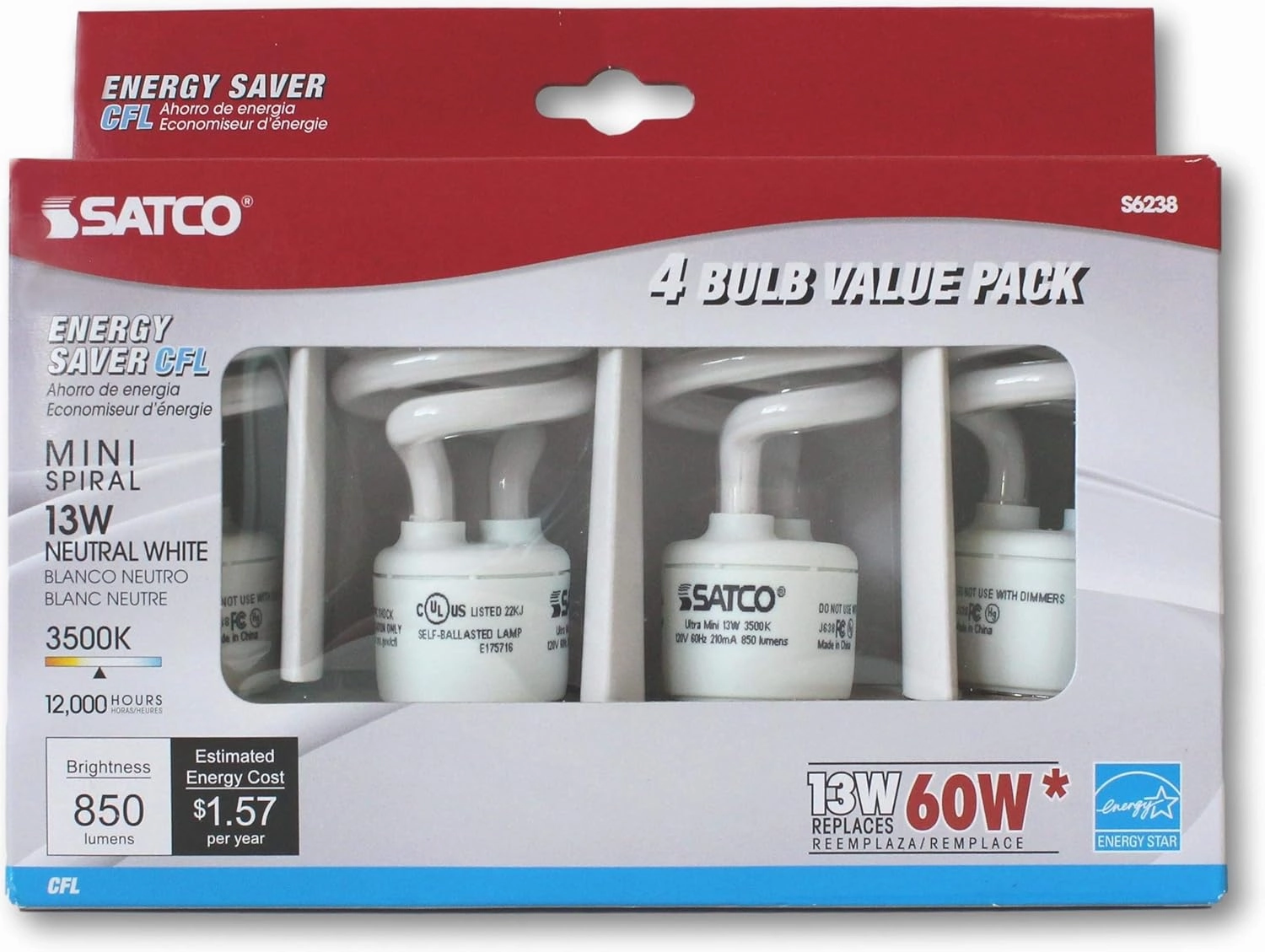 Satco S6238 Light Bulb Pack of 4 Mini Spiral Compact Fluorescent CFL 13W, 3500K Neutral White, 900 Lumens, E26 Medium Base, 120V, T2 Shape, 82 CRI, 60W Equivalent; 4 Bulbs Total