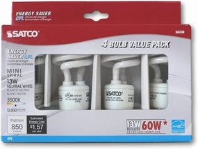 Satco S6238 Light Bulb Pack of 4 Mini Spiral Compact Fluorescent CFL 13W, 3500K Neutral White, 900 Lumens, E26 Medium Base, 120V, T2 Shape, 82 CRI, 60W Equivalent; 4 Bulbs Total