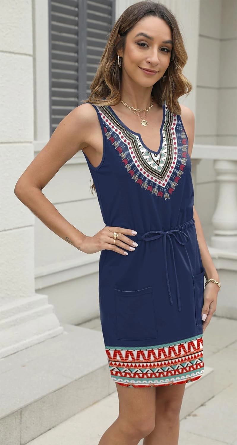 SAUKOLE Womens Sleeveless T Shirt Dresses 2025 Casual Cute Floral Print Short Dress Summer Fashion Front Pockets