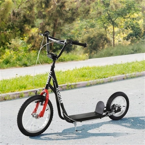 Scooter Toy Car Adjustable Handlebar Ride-On Toy Front Wheel 16 Inch, Rear Wheel 12 Inch, Dual Brake Inflatable Wheels, Black, Suitable for Kids
