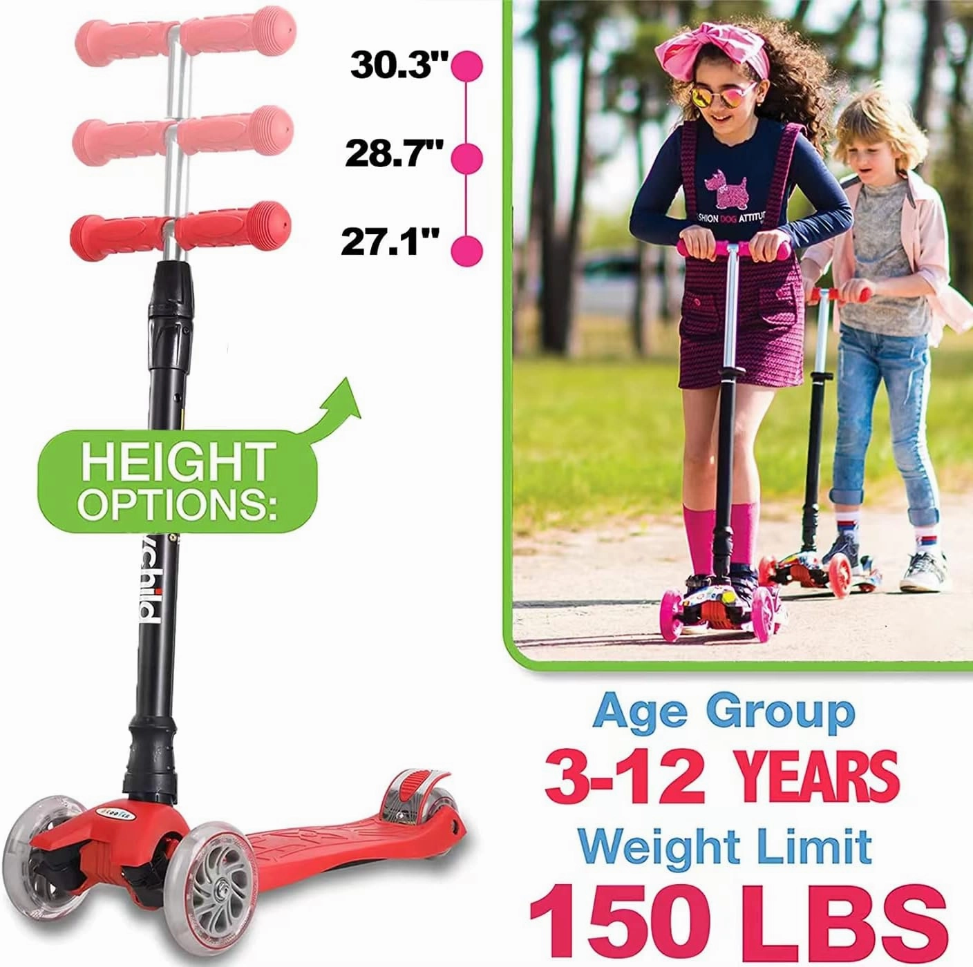 Scooters for Kids 3 Wheel Kick Scooter for Toddlers Girls & Boys, 4 Adjustable Height, Lean to Steer, Extra-Wide Deck, Light Up Wheels for Children from 3 to 14 Years Old