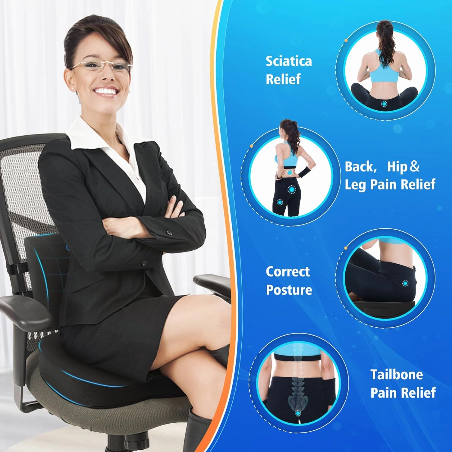 Seat Cushion, Lumbar Support Pillow with Adjustable Strap-Chair Cushions for Sciatica Pain Relief-with Washable Cover Memory Foam for Car, Travel and Wheelchair-Gray X-Large