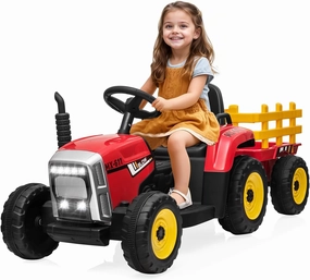 SEHOMY Red Power Wheels Tractor with Trailer, Toddler Ride On Car w/Remote, 7 LED Headlights, Dual Motor, 12V Battery, MP3, USB, 2 1 Gear Shift, Girl Electric Kids Car Vehicle Toys Gifts for Kids 3-6