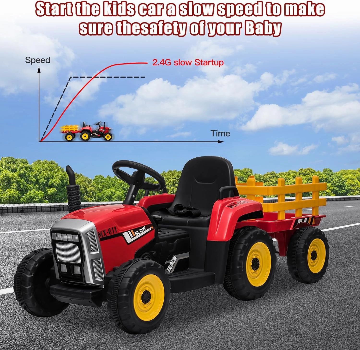 SEHOMY Red Power Wheels Tractor with Trailer, Toddler Ride On Car w/Remote, 7 LED Headlights, Dual Motor, 12V Battery, MP3, USB, 2 1 Gear Shift, Girl Electric Kids Car Vehicle Toys Gifts for Kids 3-6