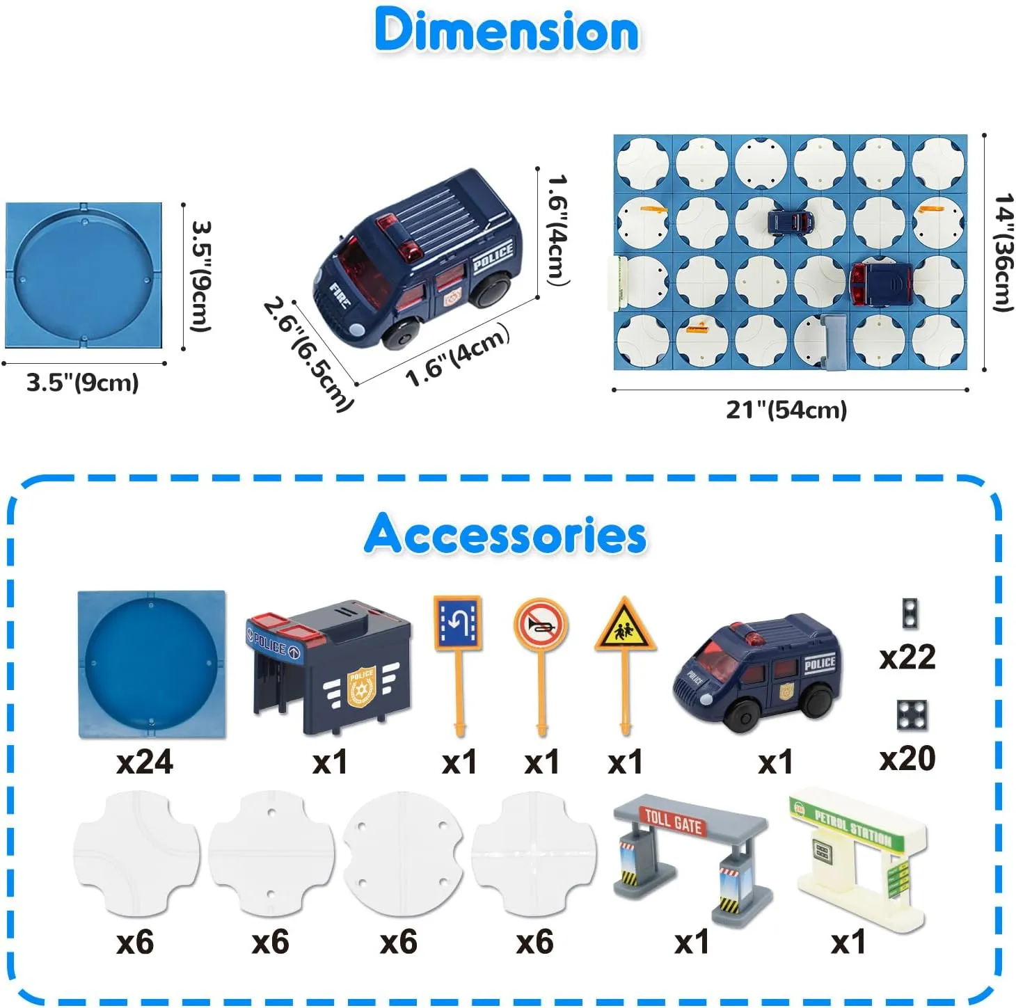 SGILE 24 PCS STEM Road Builder Puzzles for Kids Age 3 , Toddler Building Maze Blocks Family Board Game Track Play Set with Cute Car Traffic Sign, Toys for Boy Girl 3 4 5 6 7 Year Old Gift (Police Car)