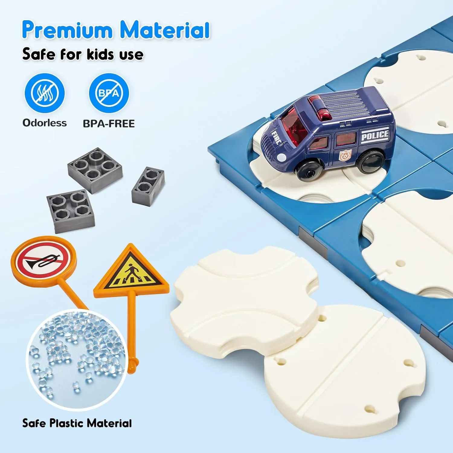 SGILE 24 PCS STEM Road Builder Puzzles for Kids Age 3 , Toddler Building Maze Blocks Family Board Game Track Play Set with Cute Car Traffic Sign, Toys for Boy Girl 3 4 5 6 7 Year Old Gift (Police Car)
