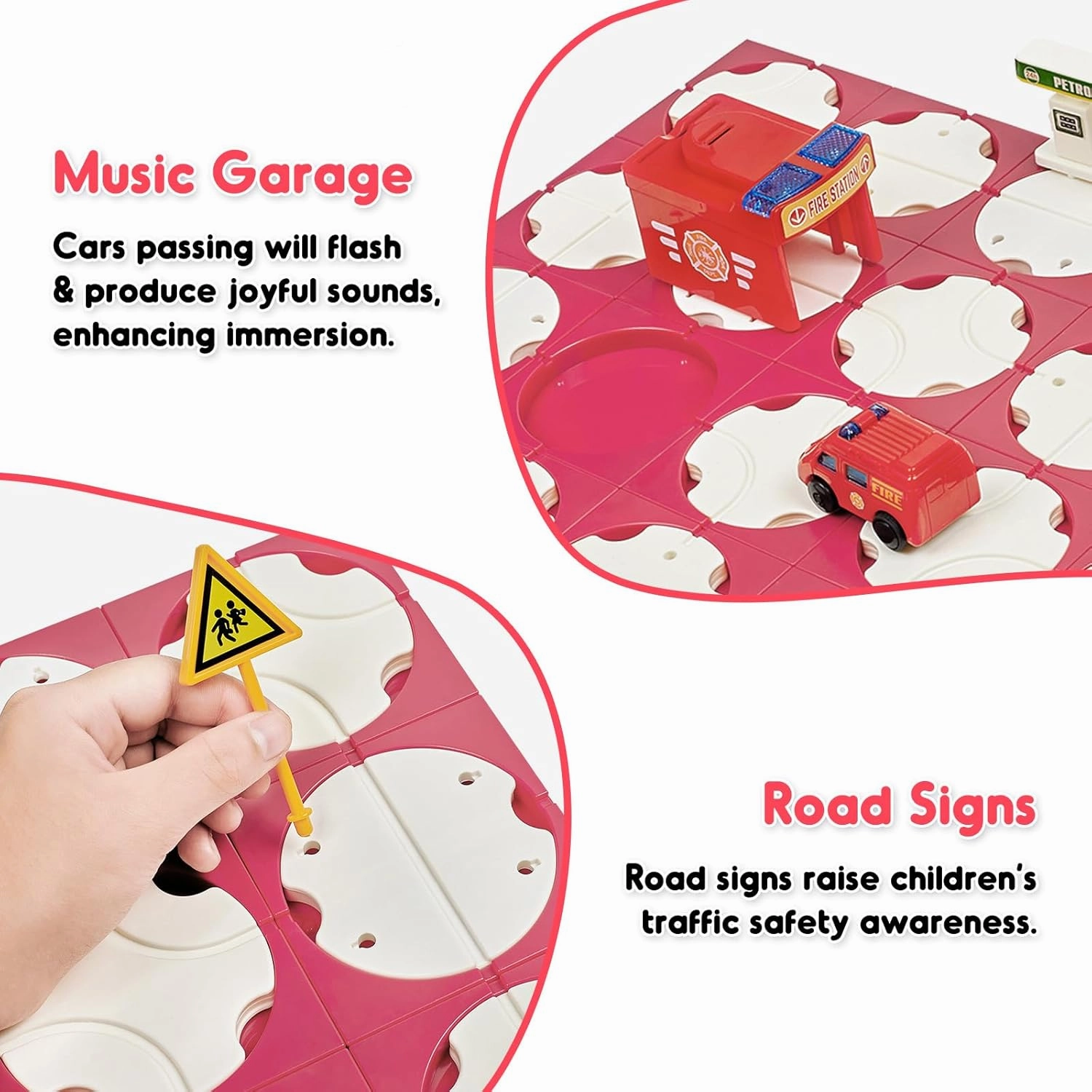 SGILE 24 PCS STEM Road Builder Puzzles for Kids Age 3 , Toddler Building Maze Blocks Family Board Game Track Play Set with Cute Car Traffic Sign, Toys for Boy Girl 3 4 5 6 7 Year Old Gift (Fire Truck)