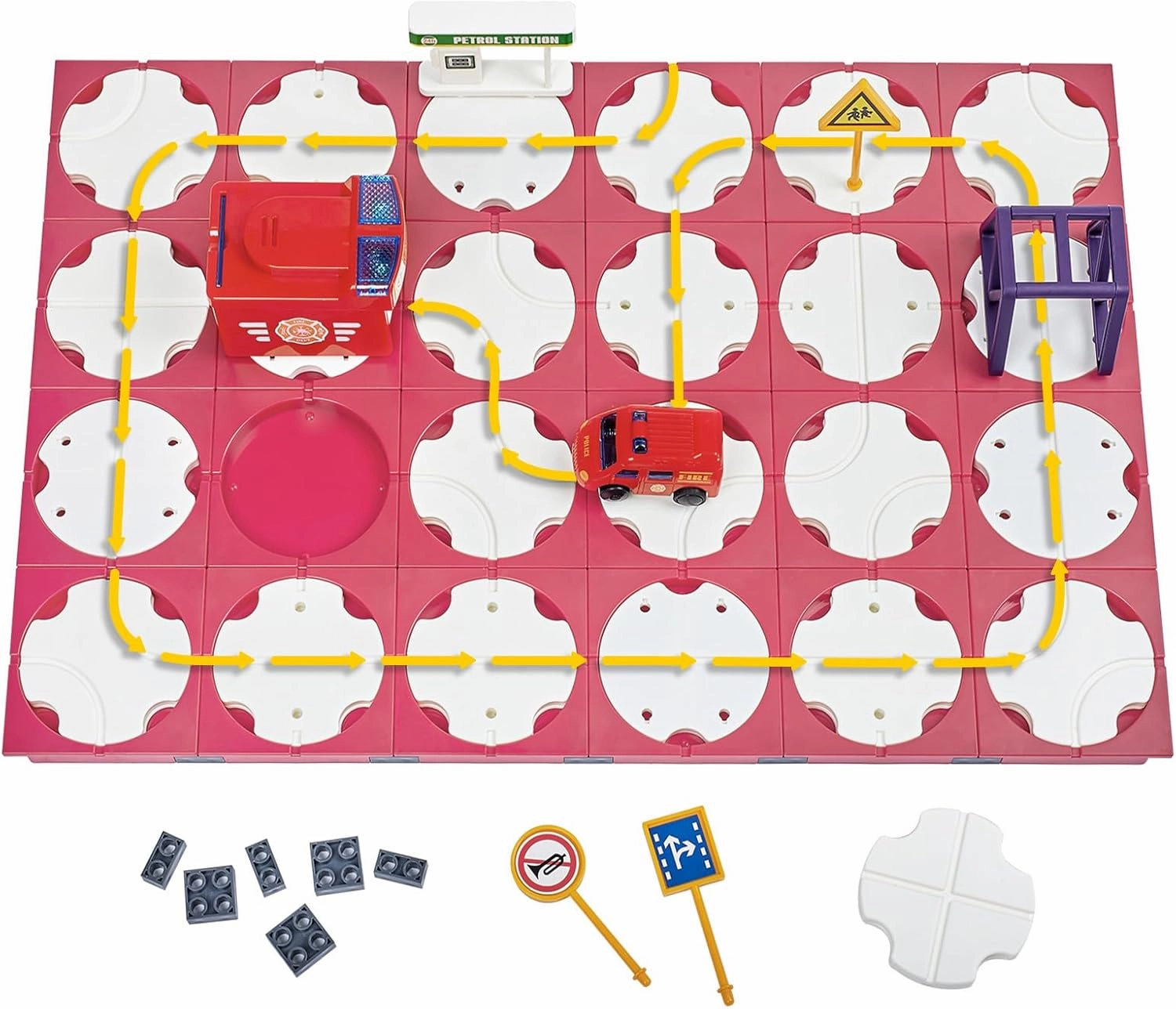SGILE 24 PCS STEM Road Builder Puzzles for Kids Age 3 , Toddler Building Maze Blocks Family Board Game Track Play Set with Cute Car Traffic Sign, Toys for Boy Girl 3 4 5 6 7 Year Old Gift (Fire Truck)