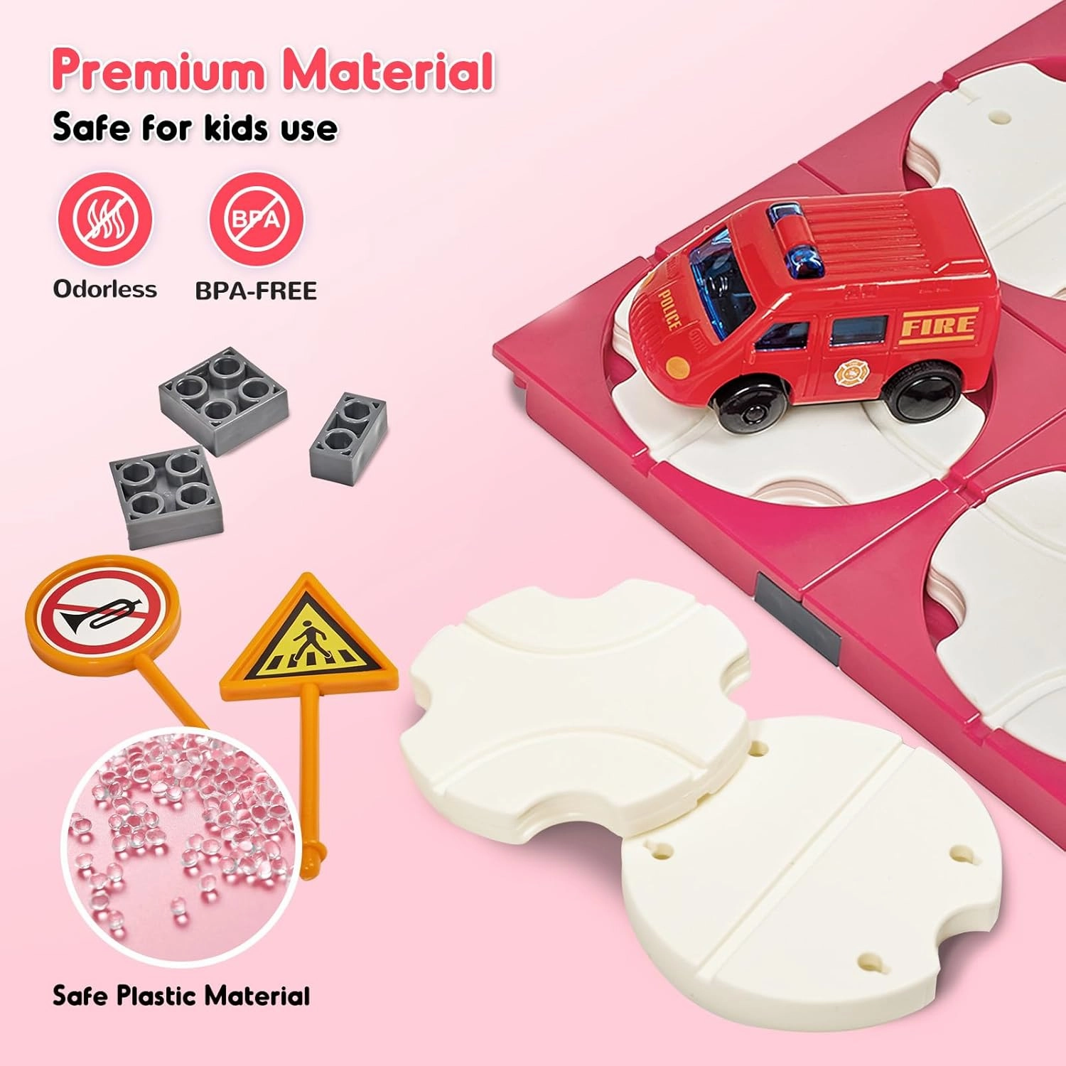 SGILE 24 PCS STEM Road Builder Puzzles for Kids Age 3 , Toddler Building Maze Blocks Family Board Game Track Play Set with Cute Car Traffic Sign, Toys for Boy Girl 3 4 5 6 7 Year Old Gift (Fire Truck)