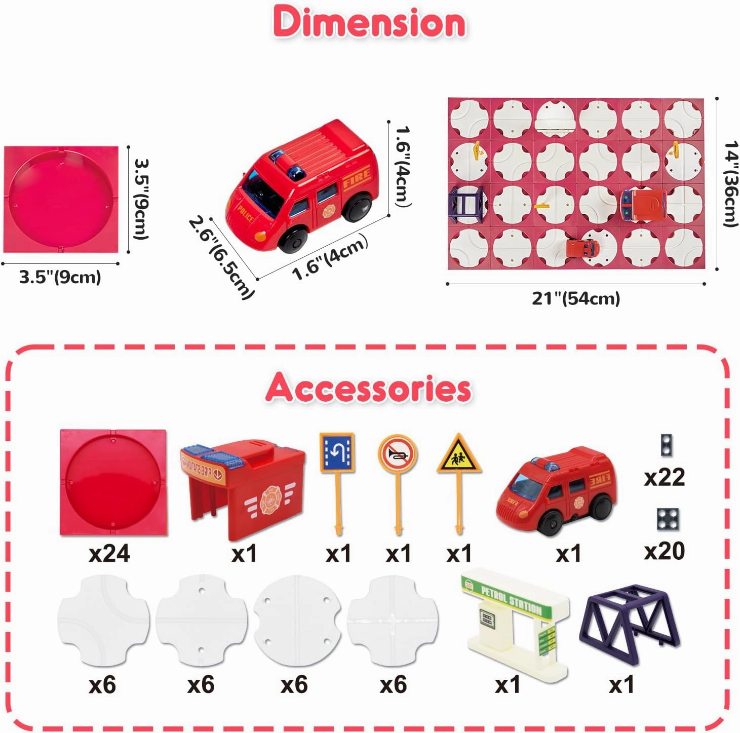 SGILE 24 PCS STEM Road Builder Puzzles for Kids Age 3 , Toddler Building Maze Blocks Family Board Game Track Play Set with Cute Car Traffic Sign, Toys for Boy Girl 3 4 5 6 7 Year Old Gift (Fire Truck)