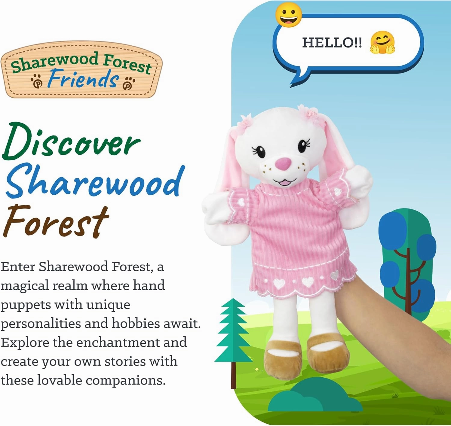 Sharewood Forest Friends Brie The Bunny Hand Puppet - Stuffed Animal for Toddlers, Kids, Teachers, Daycare & School - Perfect for Puppet Theatre and Creative Play