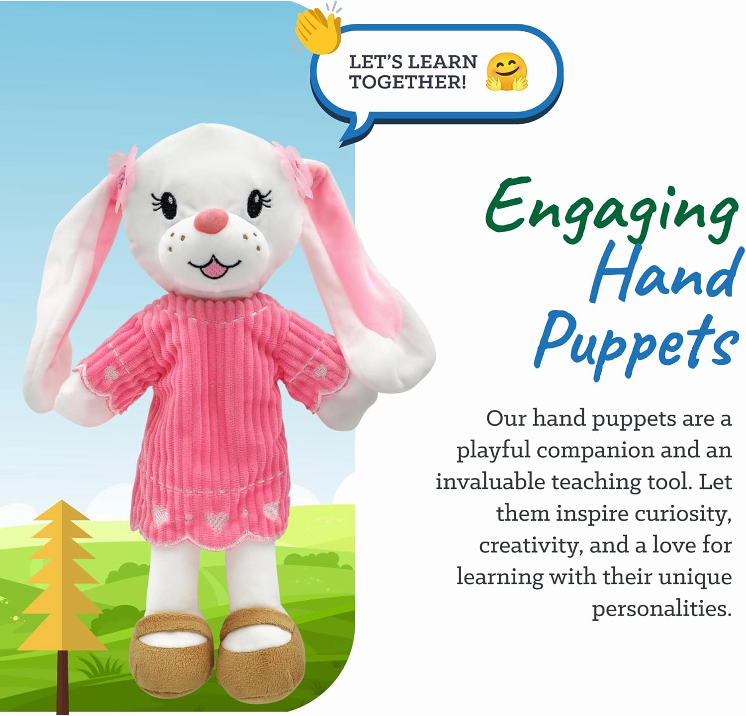 Sharewood Forest Friends Brie The Bunny Hand Puppet - Stuffed Animal for Toddlers, Kids, Teachers, Daycare & School - Perfect for Puppet Theatre and Creative Play