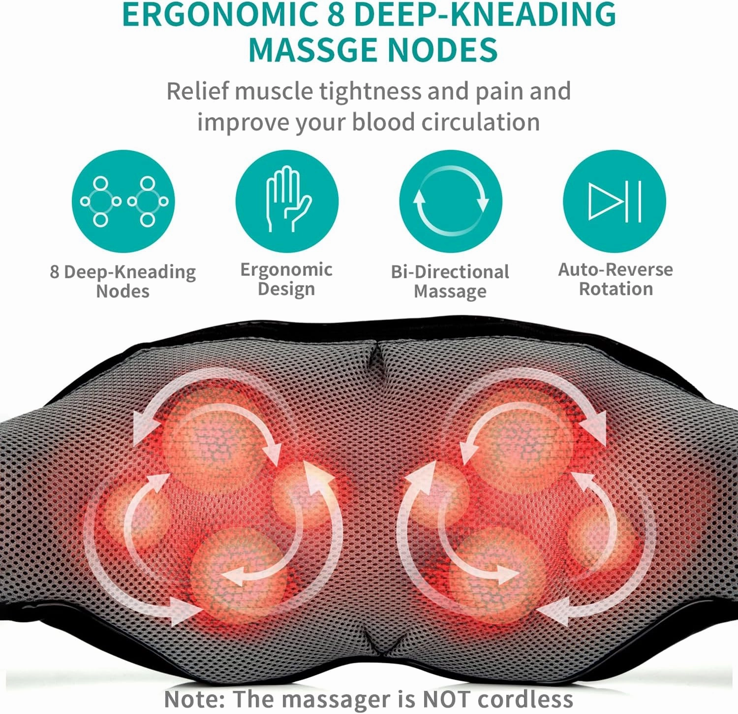 Shiatsu Neck and Back Massager with Soothing Heat, Nekteck Electric Deep Tissue 3D Kneading Massage Pillow for Shoulder, Leg, Body Muscle Pain Relief, Home, Office, and Car Use