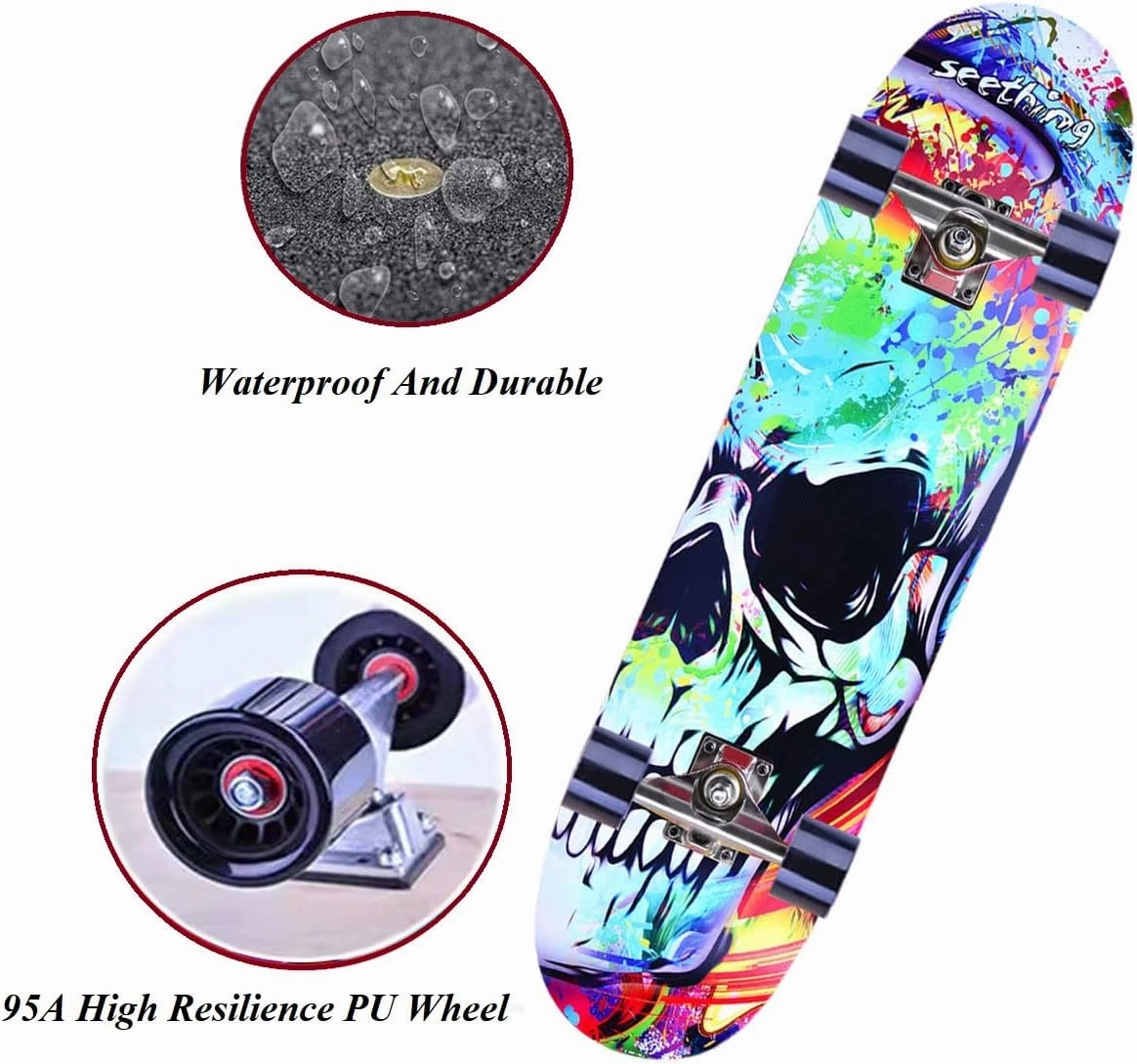 Skateboards for Beginners Kids Boys Girls and Adults,31''x8'', 7-Layer Maple, Double Kick Concave, Fascinating Cool, Solid&Durable