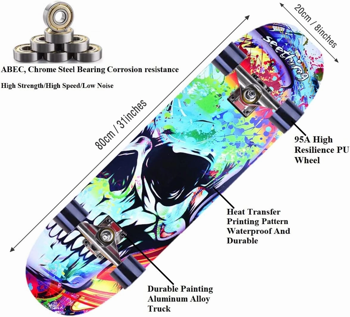Skateboards for Beginners Kids Boys Girls and Adults,31''x8'', 7-Layer Maple, Double Kick Concave, Fascinating Cool, Solid&Durable